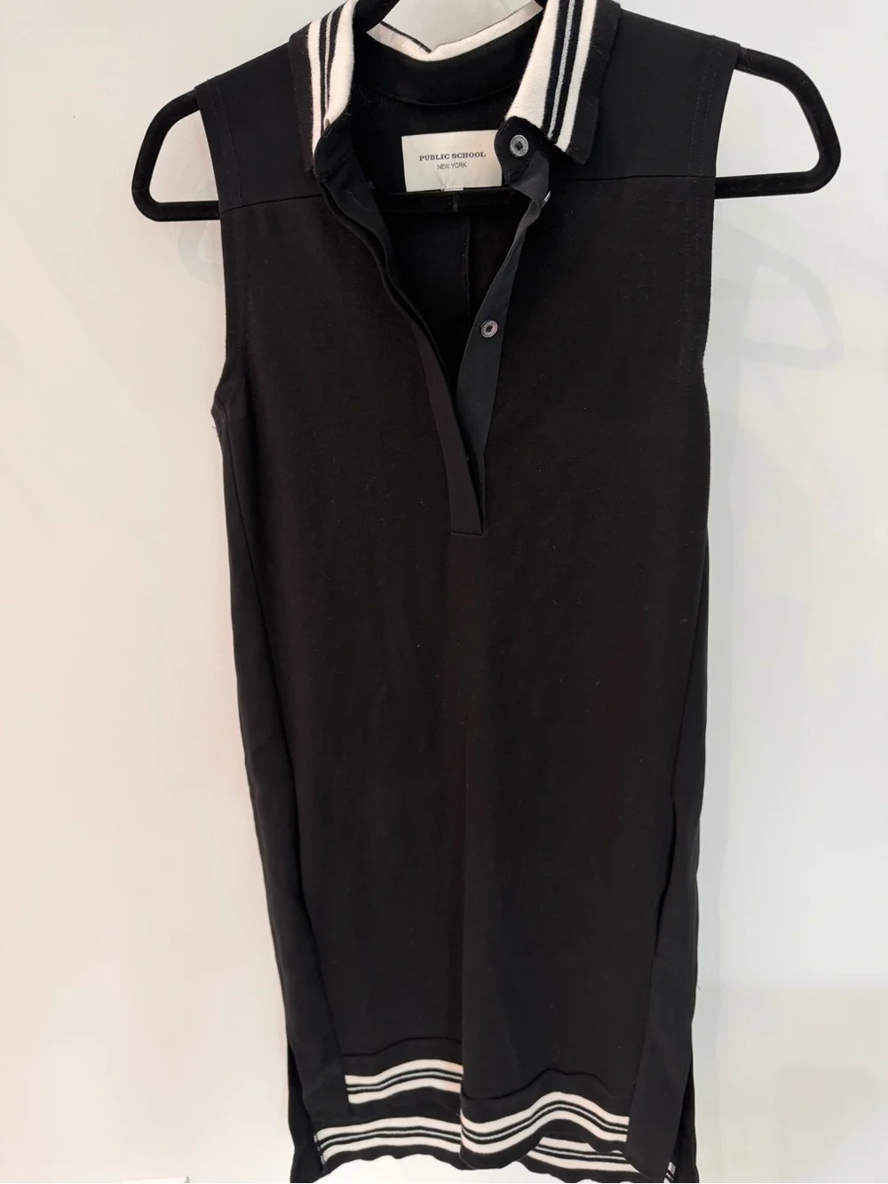 Public School Black Sleeveless Polo Tank with White Striped Trim